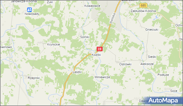 mapa Koźliki gmina Zabłudów, Koźliki gmina Zabłudów na mapie Targeo