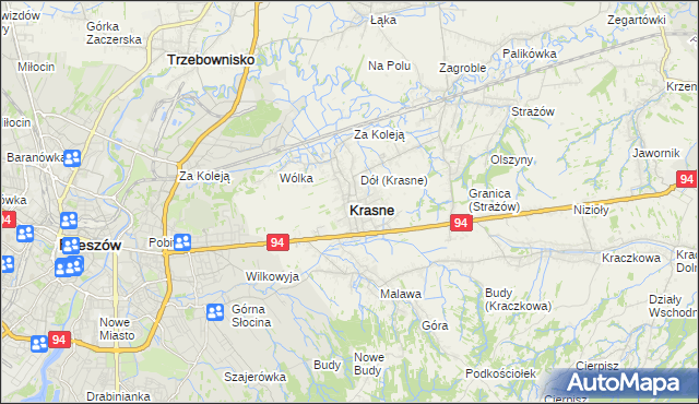 mapa Krasne powiat rzeszowski, Krasne powiat rzeszowski na mapie Targeo