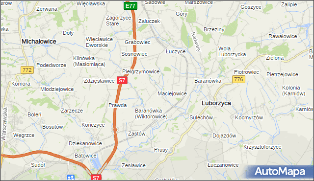 mapa Maciejowice gmina Kocmyrzów-Luborzyca, Maciejowice gmina Kocmyrzów-Luborzyca na mapie Targeo