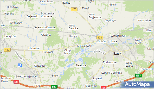 mapa Mikołajówek gmina Łask, Mikołajówek gmina Łask na mapie Targeo