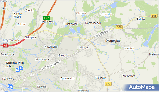 mapa Mirków gmina Długołęka, Mirków gmina Długołęka na mapie Targeo