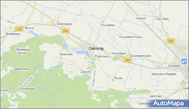 mapa Piaskowo gmina Ostroróg, Piaskowo gmina Ostroróg na mapie Targeo