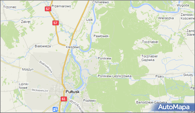 mapa Ponikiew gmina Pułtusk, Ponikiew gmina Pułtusk na mapie Targeo