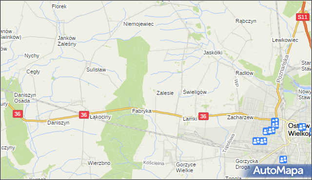 mapa Zalesie gmina Ostrów Wielkopolski, Zalesie gmina Ostrów Wielkopolski na mapie Targeo