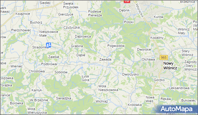 mapa Zawada gmina Bochnia, Zawada gmina Bochnia na mapie Targeo