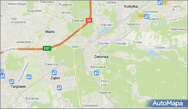 mapa Zielonka powiat wołomiński, Zielonka powiat wołomiński na mapie Targeo