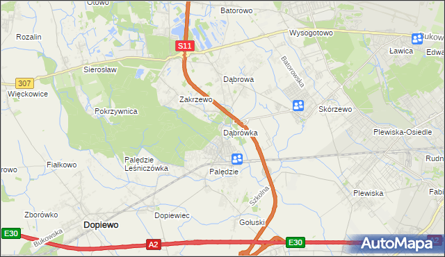 mapa Dąbrówka gmina Dopiewo, Dąbrówka gmina Dopiewo na mapie Targeo