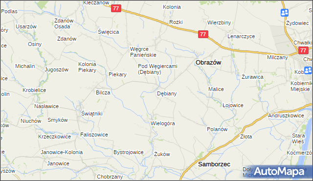 mapa Dębiany gmina Obrazów, Dębiany gmina Obrazów na mapie Targeo