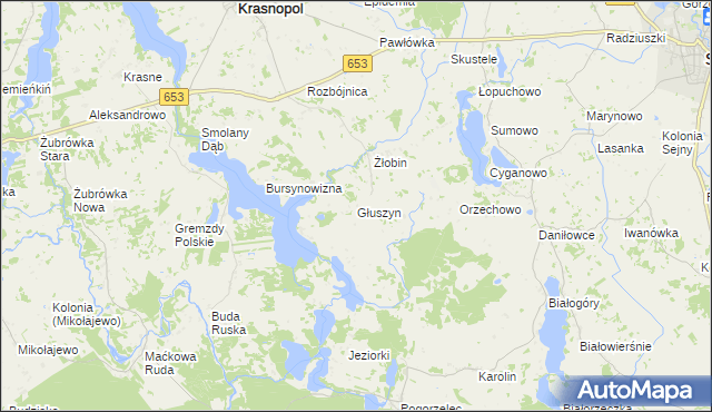 mapa Głuszyn gmina Krasnopol, Głuszyn gmina Krasnopol na mapie Targeo