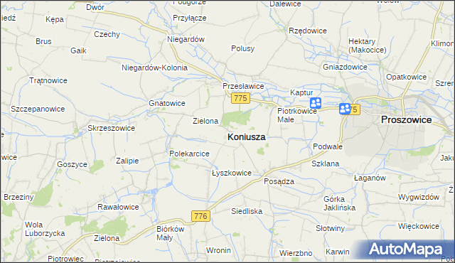 mapa Koniusza powiat proszowicki, Koniusza powiat proszowicki na mapie Targeo