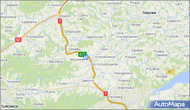 mapa Krzyszkowice gmina Myślenice, Krzyszkowice gmina Myślenice na mapie Targeo