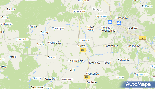 mapa Kurów gmina Zelów, Kurów gmina Zelów na mapie Targeo