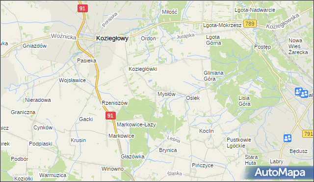 mapa Mysłów gmina Koziegłowy, Mysłów gmina Koziegłowy na mapie Targeo