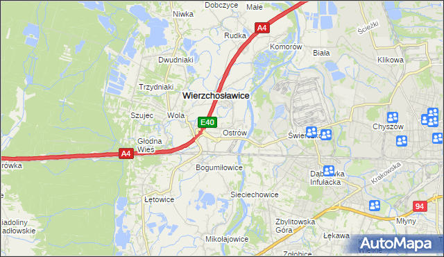 mapa Ostrów gmina Wierzchosławice, Ostrów gmina Wierzchosławice na mapie Targeo