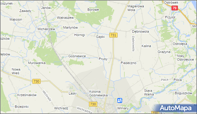 mapa Prusy gmina Warka, Prusy gmina Warka na mapie Targeo