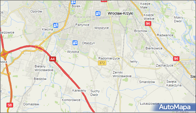 mapa Radomierzyce gmina Siechnice, Radomierzyce gmina Siechnice na mapie Targeo