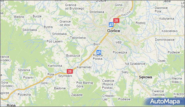 mapa Ropica Polska, Ropica Polska na mapie Targeo