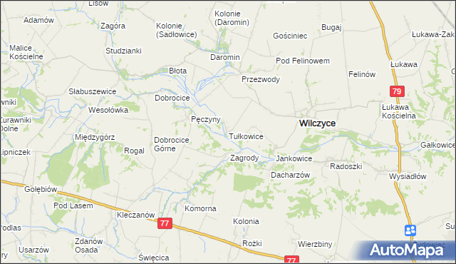mapa Tułkowice gmina Wilczyce, Tułkowice gmina Wilczyce na mapie Targeo