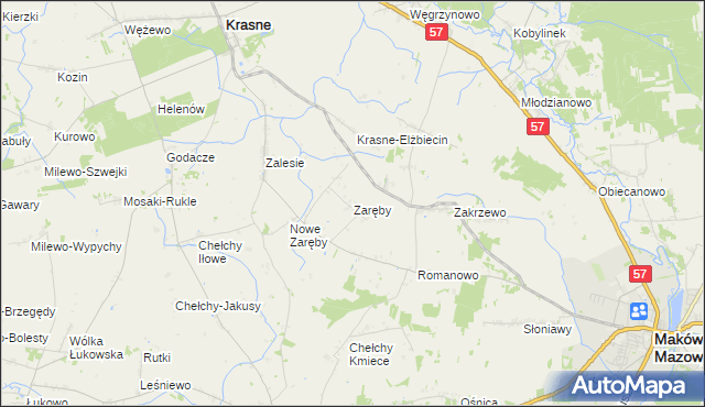 mapa Zaręby gmina Karniewo, Zaręby gmina Karniewo na mapie Targeo