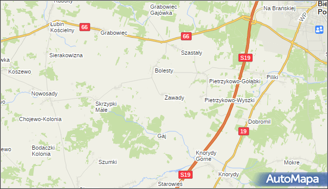 mapa Zawady gmina Bielsk Podlaski, Zawady gmina Bielsk Podlaski na mapie Targeo