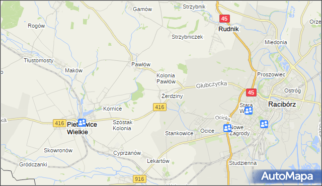 mapa Żerdziny gmina Pietrowice Wielkie, Żerdziny gmina Pietrowice Wielkie na mapie Targeo