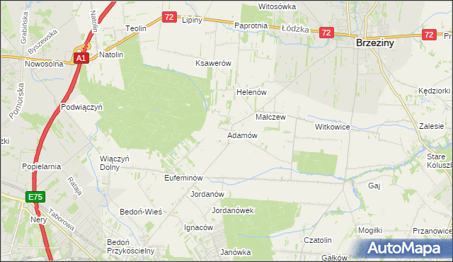 mapa Adamów gmina Brzeziny, Adamów gmina Brzeziny na mapie Targeo