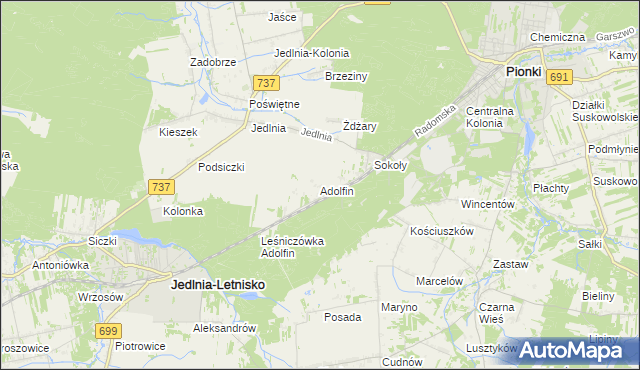 mapa Adolfin gmina Pionki, Adolfin gmina Pionki na mapie Targeo