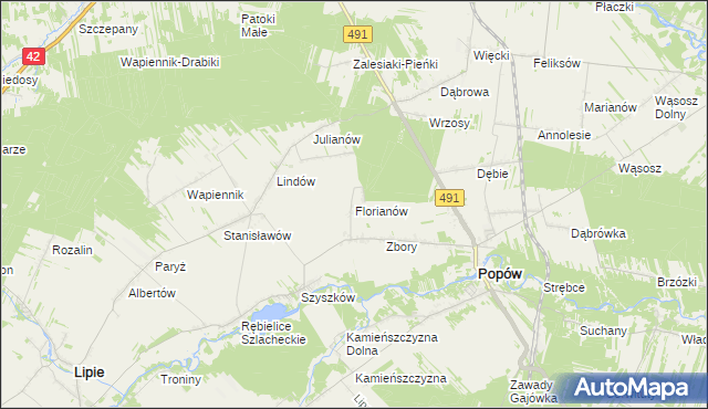 mapa Florianów gmina Popów, Florianów gmina Popów na mapie Targeo