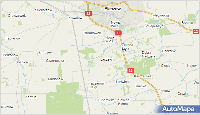 mapa Łaszew gmina Pleszew, Łaszew gmina Pleszew na mapie Targeo