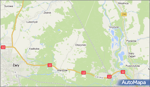mapa Olszyniec gmina Żary, Olszyniec gmina Żary na mapie Targeo