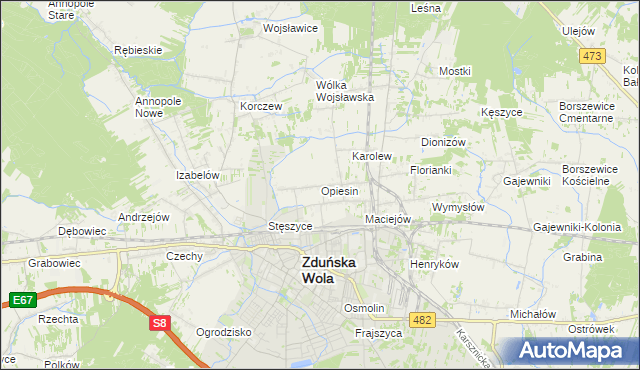 mapa Opiesin gmina Zduńska Wola, Opiesin gmina Zduńska Wola na mapie Targeo