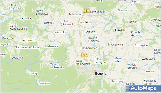 mapa Przyborowice gmina Bogoria, Przyborowice gmina Bogoria na mapie Targeo