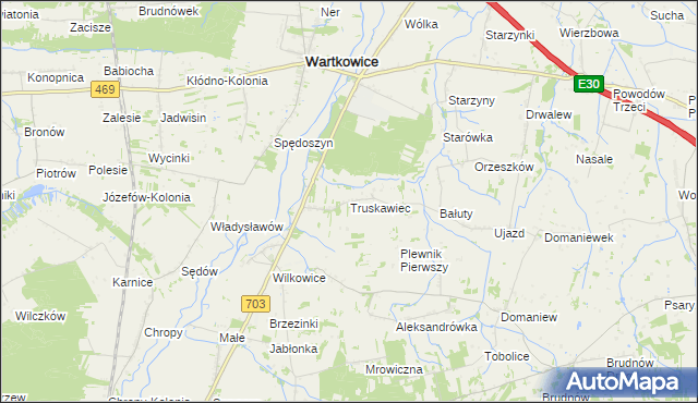 mapa Truskawiec gmina Wartkowice, Truskawiec gmina Wartkowice na mapie Targeo