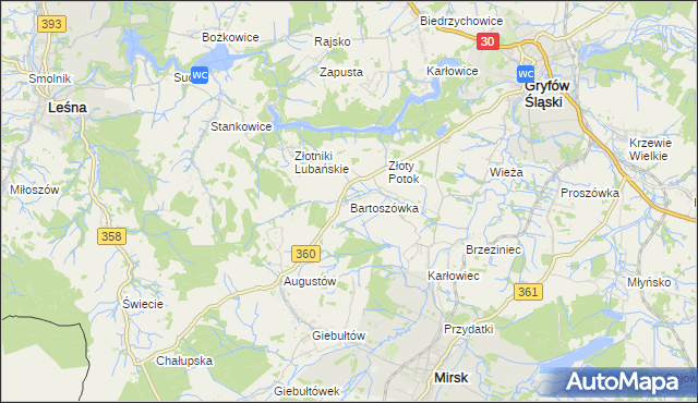 mapa Bartoszówka gmina Leśna, Bartoszówka gmina Leśna na mapie Targeo