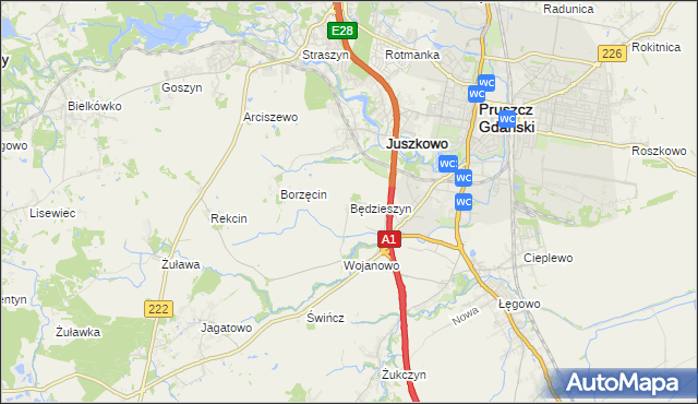 mapa Będzieszyn gmina Pruszcz Gdański, Będzieszyn gmina Pruszcz Gdański na mapie Targeo