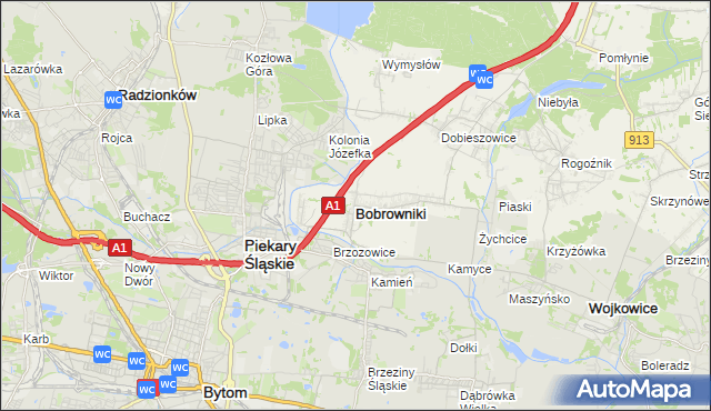 mapa Bobrowniki powiat będziński, Bobrowniki powiat będziński na mapie Targeo