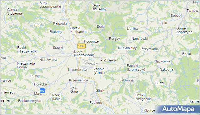 mapa Broniszów gmina Wielopole Skrzyńskie, Broniszów gmina Wielopole Skrzyńskie na mapie Targeo