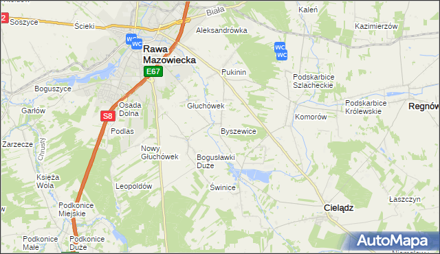 mapa Byszewice gmina Rawa Mazowiecka, Byszewice gmina Rawa Mazowiecka na mapie Targeo