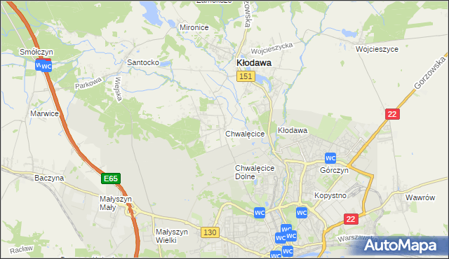 mapa Chwalęcice gmina Kłodawa, Chwalęcice gmina Kłodawa na mapie Targeo