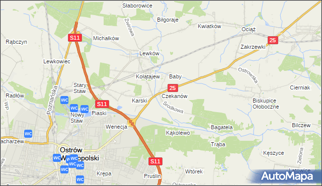 mapa Czekanów gmina Ostrów Wielkopolski, Czekanów gmina Ostrów Wielkopolski na mapie Targeo