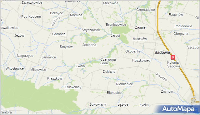 mapa Czerwona Góra gmina Sadowie, Czerwona Góra gmina Sadowie na mapie Targeo