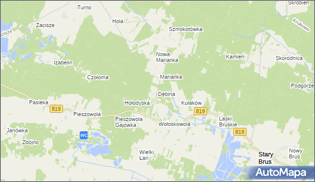 mapa Dębina gmina Stary Brus, Dębina gmina Stary Brus na mapie Targeo