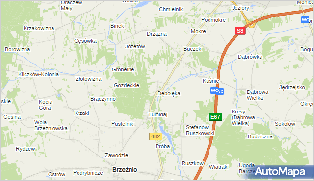 mapa Dębołęka gmina Brzeźnio, Dębołęka gmina Brzeźnio na mapie Targeo
