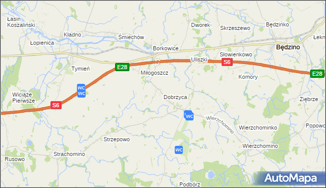 mapa Dobrzyca gmina Będzino, Dobrzyca gmina Będzino na mapie Targeo