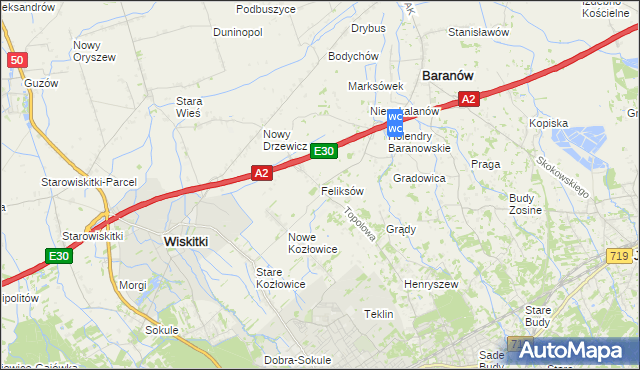 mapa Feliksów gmina Wiskitki, Feliksów gmina Wiskitki na mapie Targeo