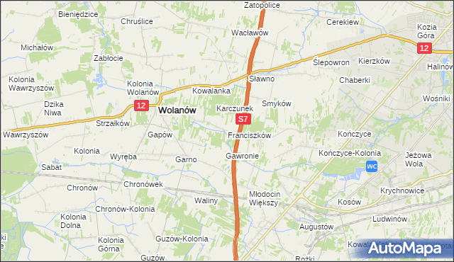 mapa Franciszków gmina Wolanów, Franciszków gmina Wolanów na mapie Targeo