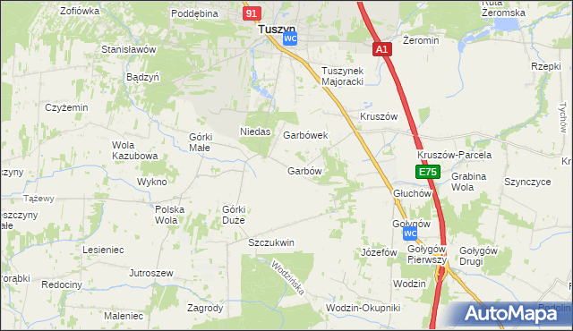 mapa Garbów gmina Tuszyn, Garbów gmina Tuszyn na mapie Targeo