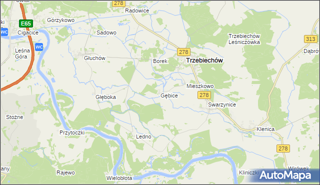 mapa Gębice gmina Trzebiechów, Gębice gmina Trzebiechów na mapie Targeo