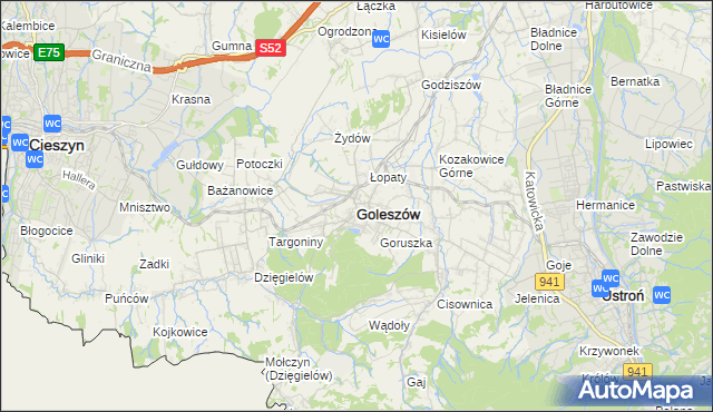mapa Goleszów powiat cieszyński, Goleszów powiat cieszyński na mapie Targeo