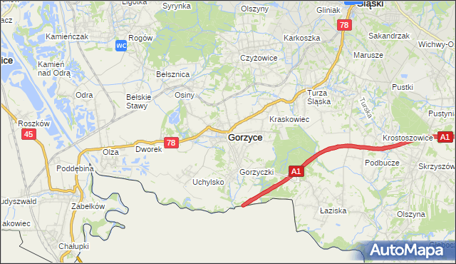 mapa Gorzyce powiat wodzisławski, Gorzyce powiat wodzisławski na mapie Targeo